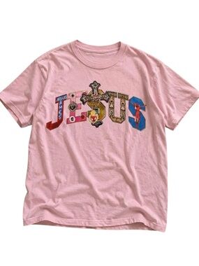 Gildan Pink Graphic Tee with Multi-Color Letter Design